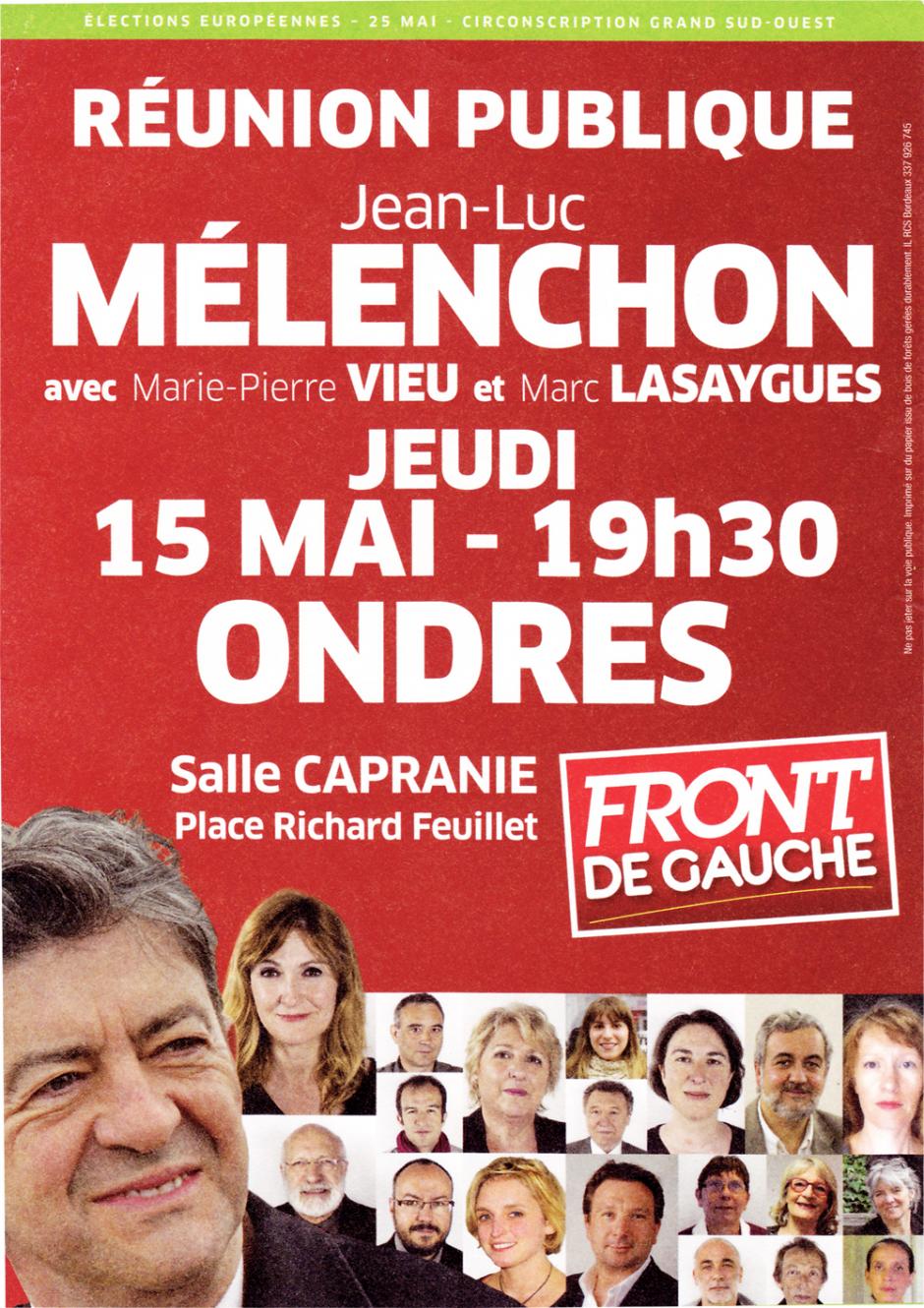 ELECTIONS EUROPEENNES : ONDRES 15 MAI 2014 à 19H30 : REUNION PUBLIQUE avec JL MELENCHON
